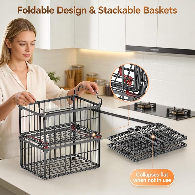 Freezer Organizer Bins, 3 Pack Enlarged Baskets for 5-9 Cu.FT Deep Freezer | Stackable Chest Freezer Organizer Bins, Foldable with Handles, Black Storage Container Baskets for Sort Frozen Meats - Image 3