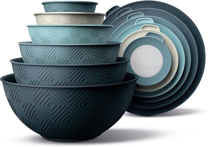COOK WITH COLOR Mixing Bowls with Lids - 12 Piece Plastic Nesting Bowls Set includes 6 Prep Bowls and 6 Lids, Microwave Safe Mixing Bowl Set, Blue Rhombus by CookwithColor