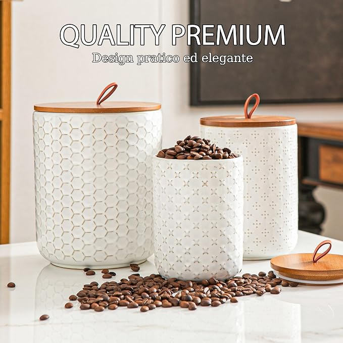 JOJUNO White Ceramic Canister Set with Wooden Lids – 3-Piece Airtight Food Storage Jars for Kitchen, Embossed Design, Small/Medium/Large Sizes (30/48/82 oz) – Flour, Sugar, Coffee, Tea Containers - Image 5