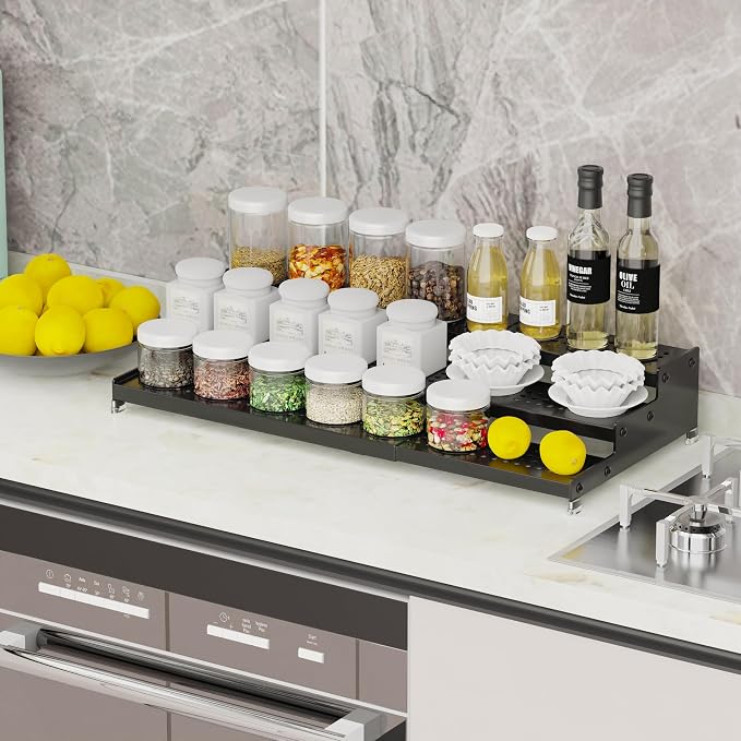 Expandable Spice Rack organizer with 3-Tier step shelf,Modern Design heavy duty,Non Skid and Visibility ,Great for Kitchen Cabinet,Bathroom,dressing table,Cupboard, Pantry and more(3PACKS/BLACK) - Image 4