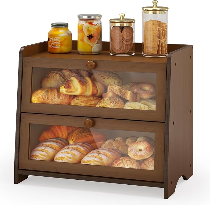 Double Layer Bread Box Container for Kitchen Countertop Homemade Bread | Large Breadbox Storage Wooden Farmhouse Bread Holder (Brown, Medim-15.7" L x 9.5" W x 13" H) by JANSNIMEN