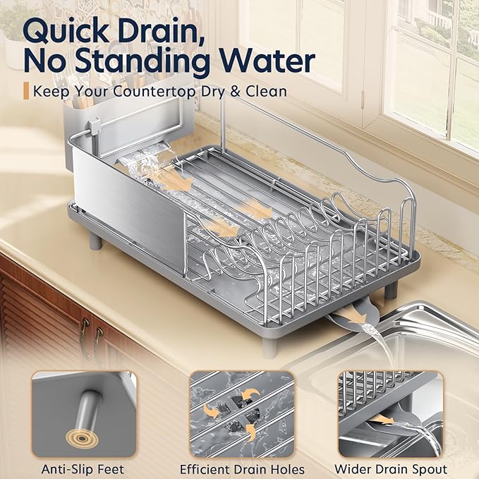 KINGRACK Stainless Steel Dish Drying Rack with Cup Holder for Counter, Grey | 16.9"L x 12.4" W Dish Rack with Spacious Drying Capacity, Quick Auto Dish Drainer for Plate Dish Dinnerware，Sliver - Image 4