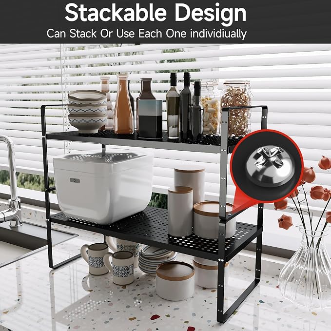 Expandable Cabinet Shelf Organizers, 16.5"~27''L, Black | Stackable Metal Shelves, Adjustable Spices Rack Stand, For Kitchen Countertop Storage, For Cupboard Pantry, 8" W x 9.6" H - Image 5