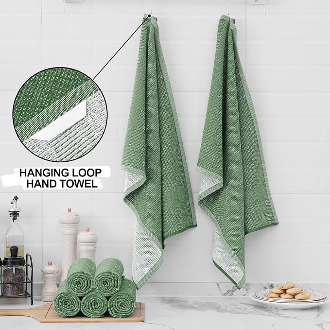 Homaxy 380 GSM Cotton Premium Kitchen Towels 6 Pack, 18"x 28", Grass Green | Flat and Terry Dish Towels, Highly Absorbent Tea Towel Set with Hanging Loop, Soft Utility Kitchen Hand Towels - Image 3