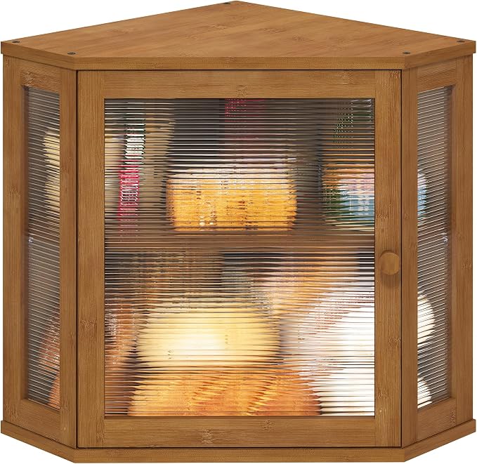 viewcare Corner Bread Box for Kitchen Counter, Bamboo Wood Large Capacity Bread Storage Bin with Acrylic Wavy Door Panel (Brown, Meduim) by VIEWCARE