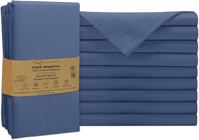 Ruvanti Cloth Napkins Set of 12, 100% Cotton High GSM 18x18 Inches Soft, Washable, Highly Durable & Absorbent, Perfect for Parties, Christmas, Thanksgiving Dinners – Bijou Blue by Ruvanti