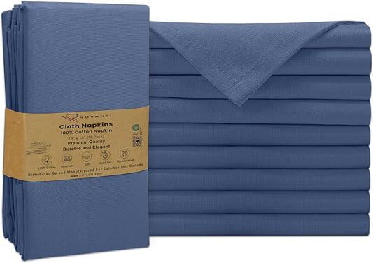 Ruvanti Cloth Napkins Set of 12, 100% Cotton High GSM 18x18 Inches Soft, Washable, Highly Durable & Absorbent, Perfect for Parties, Christmas, Thanksgiving Dinners – Bijou Blue by Ruvanti