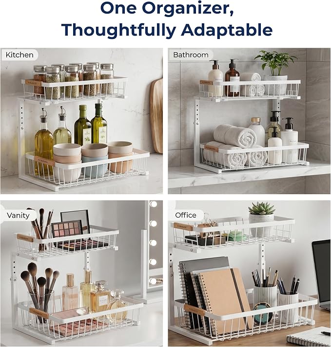 Under Sink Organizer with Motion-Activated LED Lights, 2 Pack, 2 Tier Sliding L-Shaped Carbon Steel Rack with Adjustable Height, Dividers & Hooks (White) - Image 7