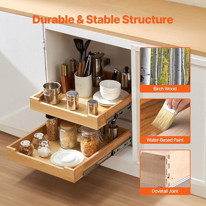 VEVOR 2 Tier Pull Out Cabinet Organizer, 20" W x 21" D Cabinet Drawer, Soft Close Slide out Shelf, Heavy-Duty Sliding Wood Drawer, Adjustable Base Cabinet Organization for Kitchen Pantry Bathroom - Image 2