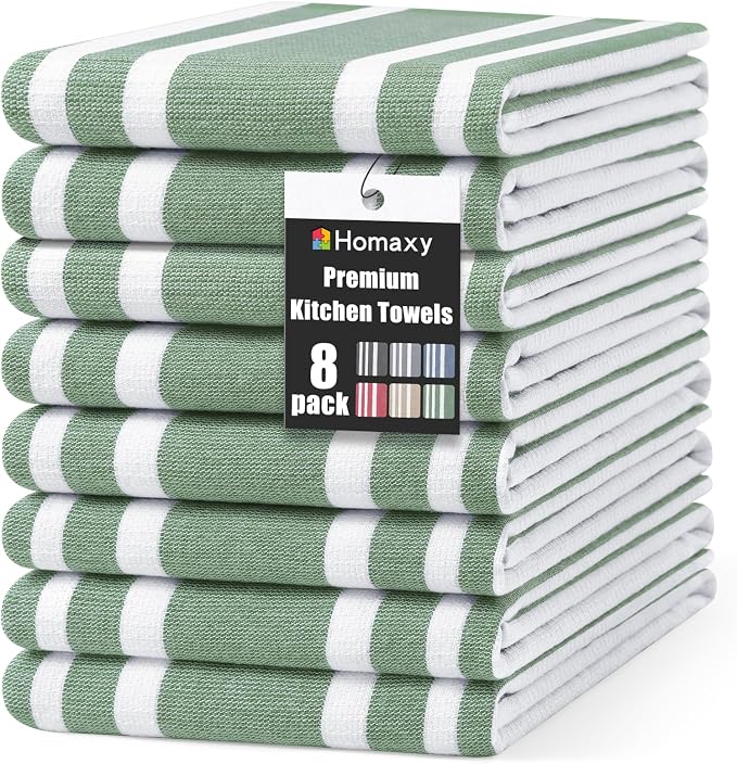 Homaxy Premium Cotton Stripe Kitchen Towels 8 Pack, 18"x 28", Grass Green | Large 380 GSM Kitchen Hand Towels, Soft Terry Dish Towels, Highly Absorbent Tea Towel Set with Hanging Loop by Homaxy
