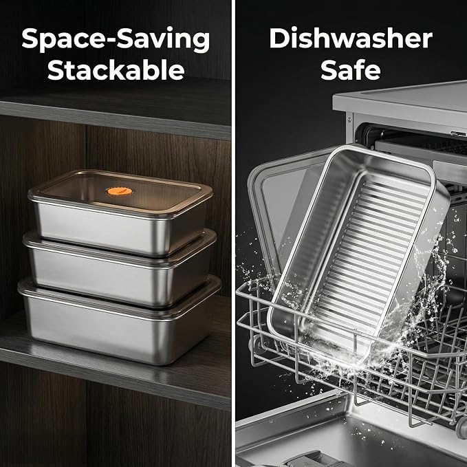 Stainless Steel Food Storage Containers, Silver, 3-Piece Set | Airtight with Vacuum Seal, Stackable Rectangular, BPA-Free Lids, For Meal Prep and Leftovers Storage, Deep - 3.3'' Height - Image 3