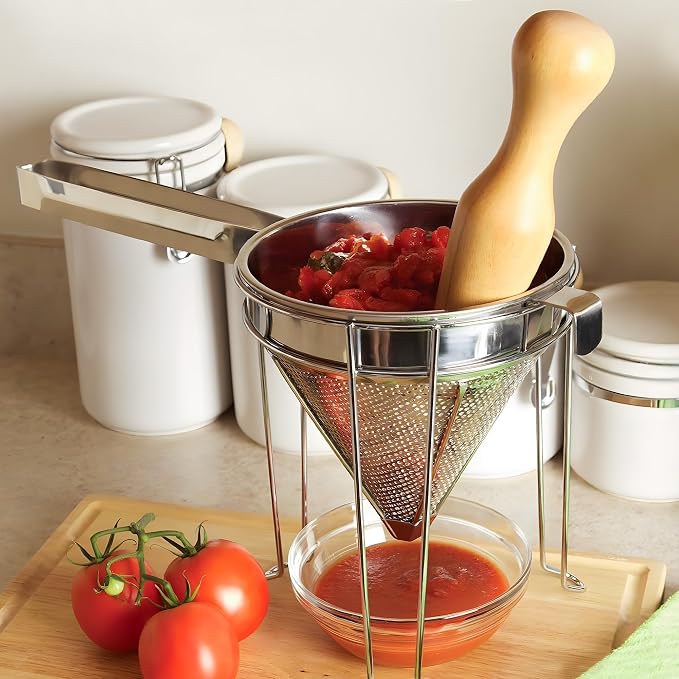 Feekoon Stainless Steel Chinois Strainer with Stand and Wooden Pestle Set, China Cap Strainer for Tomato, Berry, Fruit, Egg, Soup and Other Canning Jam Making Supplies, 15.35 x 7.67 x 7.28 inch - Image 4