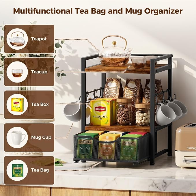 Plaviya 3-Tier Tea Bag Organizer with Drawer for Countertop | Tea Bag Holder and Storage, 9 Compartments, 6 Hooks for Cup, Utility Tea Box, Office, Kitchen, Rustic Brown - Image 6