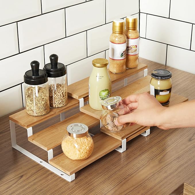 SONGMICS 6-Piece Spice Racks Bundle, 4-Pack Spice Shelves, 2-Pack 3-Tier Spice Organizers, for Kitchen Cabinet Pantry Countertop, Bamboo with Metal Frame, Natural and White UKCS010N01 and UKCS016N02 - Image 8