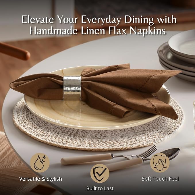 Ramanta Home Brown Cloth Dinner Napkin Set of 24-18x18 Inch | Cotton Linen Flax Hemstitched Napkins Washable for Everyday Use - Image 2