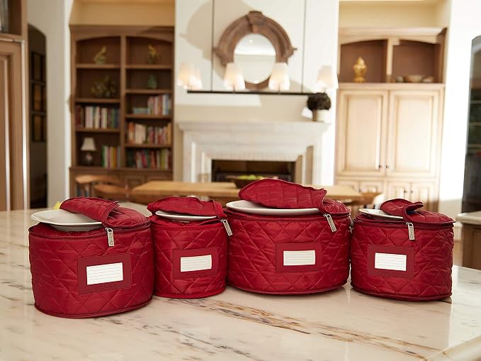 Covermates Keepsakes Dish Storage Set – Padded China & Dinnerware Storage Cases with Dividers, Cup & Stemware Storage, Quilted Polyester Protection, ID Window, Red - Image 7