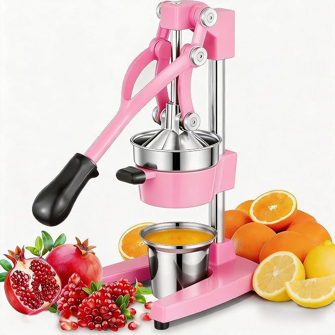 Commercial Heavy Duty Cast Iron Hand Press Manual Orange Citrus Lemon Lime Grapefruit Pomegranate Fruit Juice Squeezer Machine with Stainless Steel Cup Pink by Gowintech