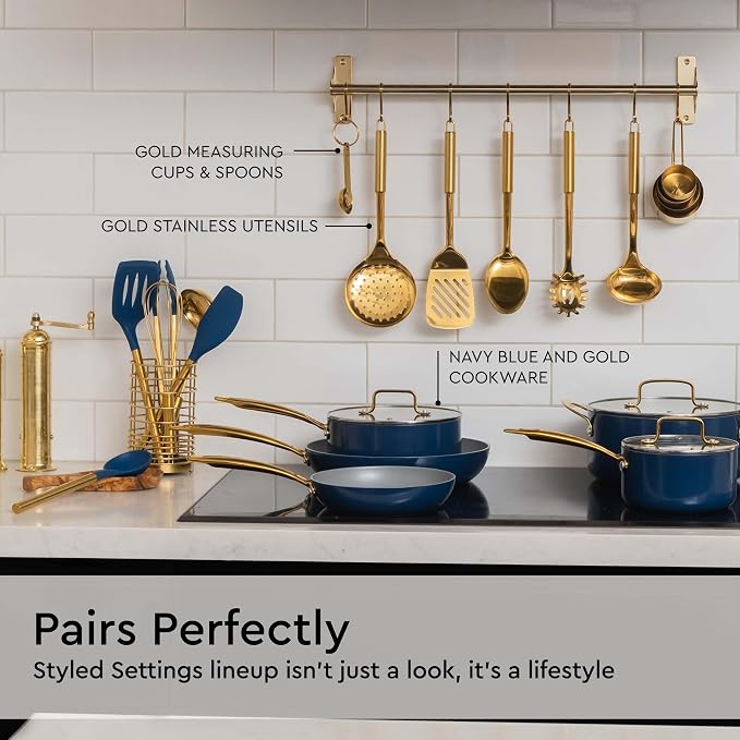 Styled Settings Gold and Navy Blue Kitchen Utensils Set, 7-Piece | Silicone Cooking Tools for Nonstick Cookware with Utensil Holder - Stylish Cooking Gifts for Modern Kitchens - Image 9