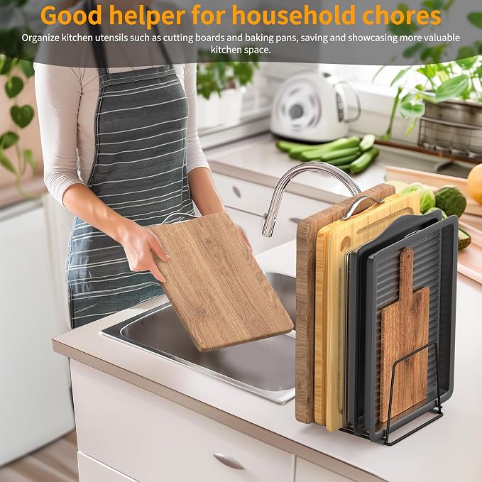 Cutting Board Organizer Kitchen Organizer Rack for Cutting Board, Bakeware, and Cookie Sheet, 5-Slot Heavy-Duty Steel Cookware Holder,Rust-Resistant with Anti-Slip Feet (1, Large) - Image 8