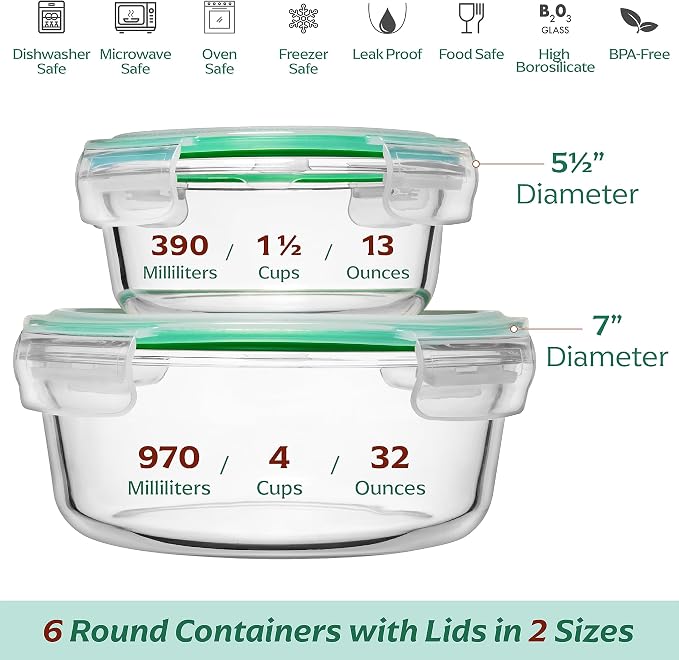 Premium Glass Food Storage Container Combo. Same Size Rectangle & 2 Round Storage Containers (14 containers) - Image 7