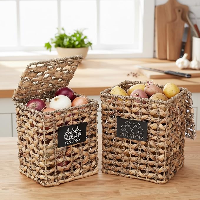2 Pack Potato and Onion Storage, Onion Container Potato Bin with Lids, Handwoven Vegetable Storage Produce Basket, Mesh Basket with Aerating Holes, Kitchen Pantry Organizer and Storage - Image 6