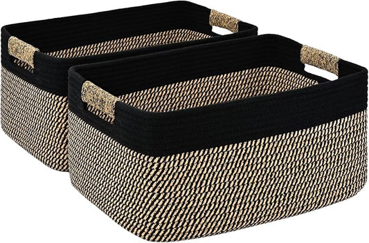 2 Pack Large Storage Basket for Organizing, 17.5"x13"x7" Woven Basket for Shelves, Closet Cube Storage Bins with Wrapped Handle, Cotton Rope Baskets for Kitchen, Clothes, Toys(Black & Brown) by Degeyoyo