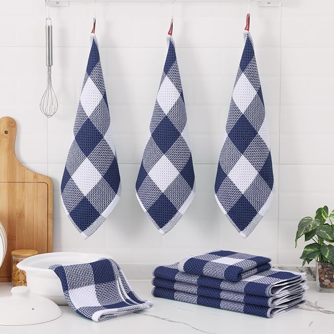 Homaxy Kitchen Towels and Dishcloths Set, Set of 8, White & Navy Blue | Bulk Cotton Waffle Weave Check Plaid Kitchen Towels, Super Soft and Absorbent Dish Cloths, 12 x 12 and 13 x 28 Inches - Image 6