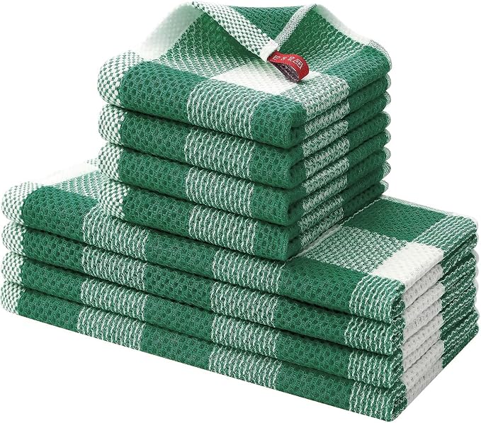 Homaxy Kitchen Towels and Dishcloths Set, Set of 8, White & Dark Green | Bulk Cotton Waffle Weave Check Plaid Kitchen Towels, Super Soft and Absorbent Dish Cloths, 12 x 12 and 13 x 28 Inches by Homaxy