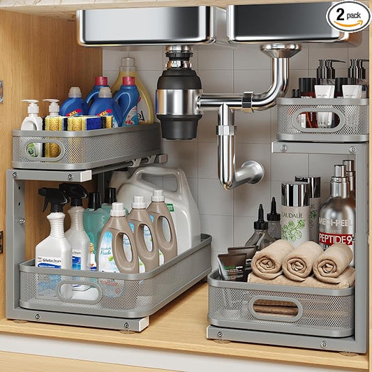 2 Pack 15.7IN-Depth Under Sink Organizer With Smooth Cylindrical Rail,2-Tier Pull Out Multi-Purpose Cabinet Storage for Bathroom&Kitchen,Height Adjustable,Rust-resistant Coating-Gun Gray by UnderSinkOrganizer