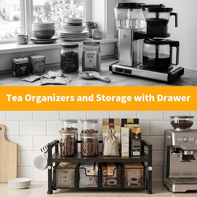 Tea Bag Organizer,Coffee Bar Organizer,Teabag Holder & Coffee Station with Storage Drawer,Wood Tea Station Chest Display Container Box for Countertop Kitchen (Grey) - Image 3