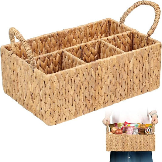 Divided Baskets with Handles, Storage Basket Natural for Organizing Bathroom Kitchen Shelves Office Supplies Organization, Wicker Storage Baskets 4 Section (1, Light Brown) by SIEUSALEVN