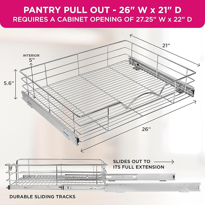 HOLDN’ STORAGE Pull Out Cabinet Organizer, Pantry Drawer, 26"W x 21"D x 5"H | Heavy-Duty Full-Extension, Roll Out Shelf for Pots, Pans & Under Sink Storage, Chrome, Require a 27.25"W Cabinet Opening - Image 6