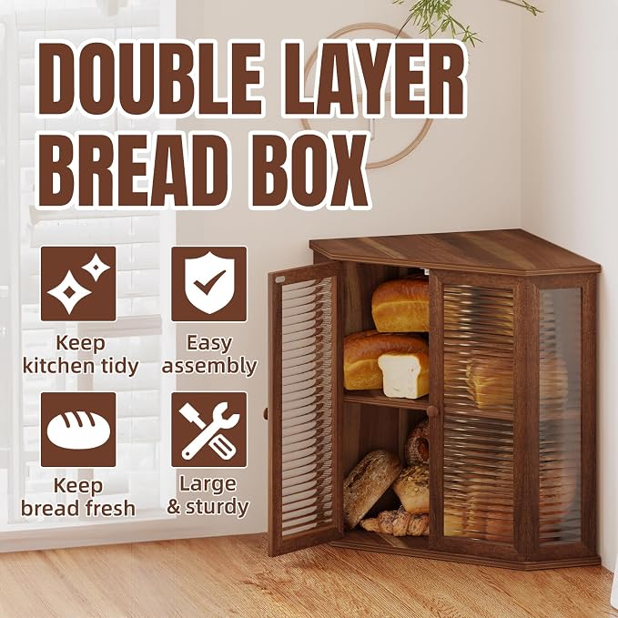Corner bread box Bread Box for Kitchen Countertop - Corner Bread Storage Box 16.5" H, Premium Wood with Glass Door, Perfect for Homemade Bread, Baguettes & Pastries (Acacia brown) - Image 2