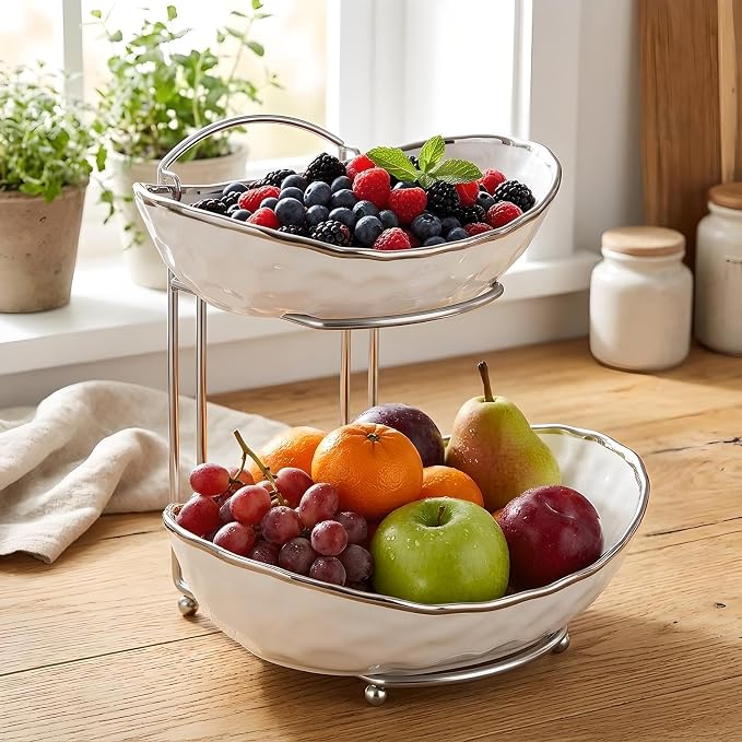 XUDREZ 2 Tier/ 3 Tier Fruit Bowl with Metal Stand for Kitchen Counter, Ceramic Gold Silver White, Portable Tiered Fruit Basket Fruit Rack for Nuts, Snacks, Bread, Candy Storage (White B, 2 Tier) - Image 4