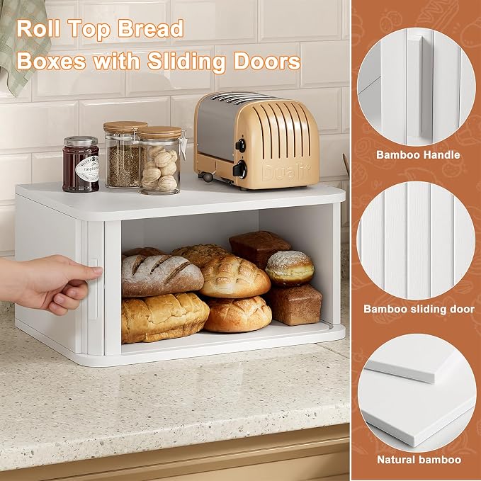 WOWLIVE Roll Top Bread Box for Kitchen Countertop, Bamboo Bread Storage | Airtight Bread Containers, Large Bread Bin with Sliding Door for Loaves, Bagels, Countertop Storage Cabinet, White, Medium - Image 4