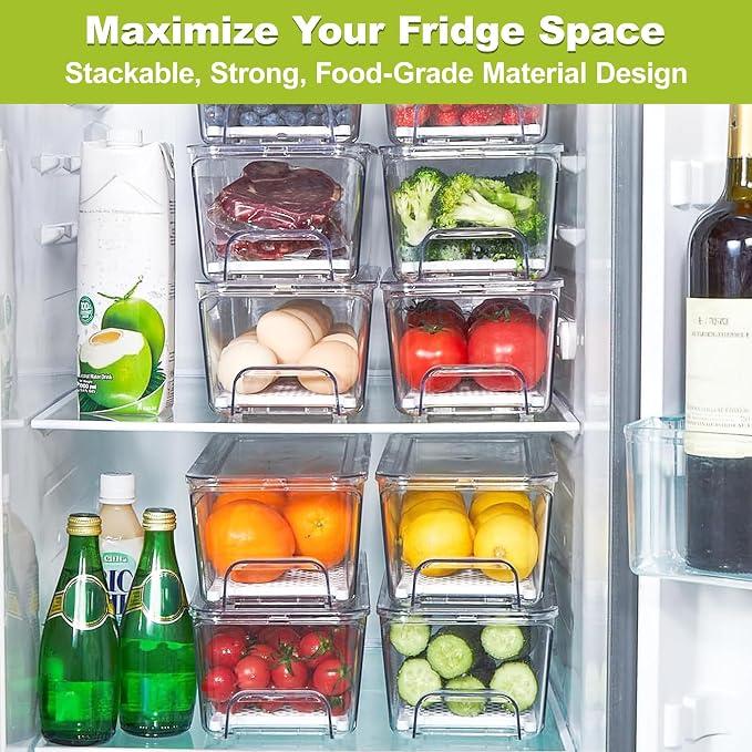 Pull Out Fridge Organizer Drawer, Stackable Refrigerator Storage Bins with Drain Tray and Lid, Clear Fruit and Vegetable Storage Containers Box, for Kitchen Freezer, 2-Pack - Image 4