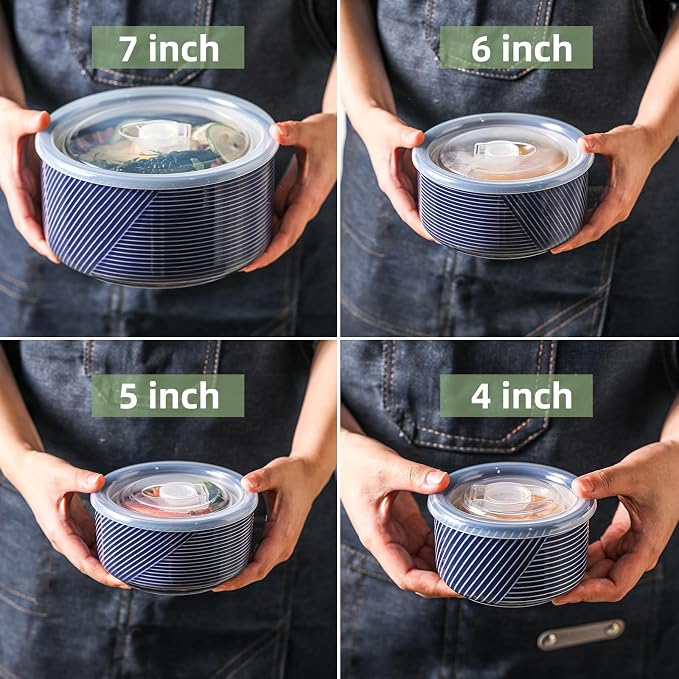 Ceramic Nesting Bowls with Lids, Set of 4, Navy | 50/32/20/10 oz Mixing Bowls with Lids - Porcelain Food Storage Containers For Prep and Serving, Microwave Safe - Image 3