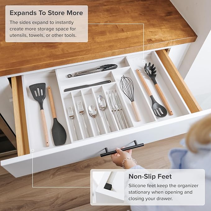 Silverware & Utensil Drawer Organizer, 16-28 in, White Bamboo | Cutlery, flatware, food-safe contract grade, kitchen drawer fit - Image 5
