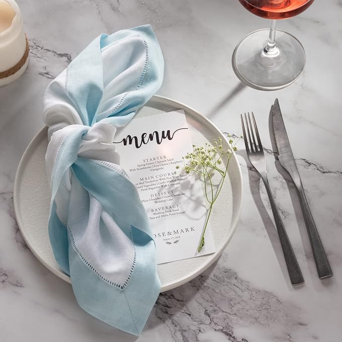 Linen Napkins 20 x 20 inch - 100% Flax Linen White and Light Blue Dinner Napkins Cloth Set of 4 - Classic Hemstitch Dinner Napkin for Spring and Easter Decor - Image 3