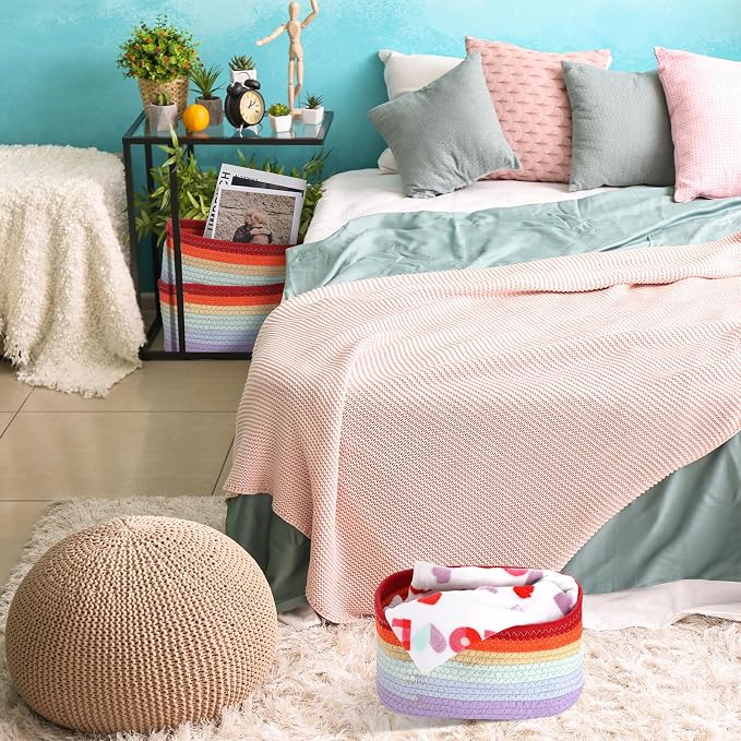 Sawysine 6Pcs Colorful Cotton Rope Laundry Hamper, Portable Storage Basket with Handle for Bathroom, Bedroom, Living Room, 12'' x 8'' x 6'' - Image 5
