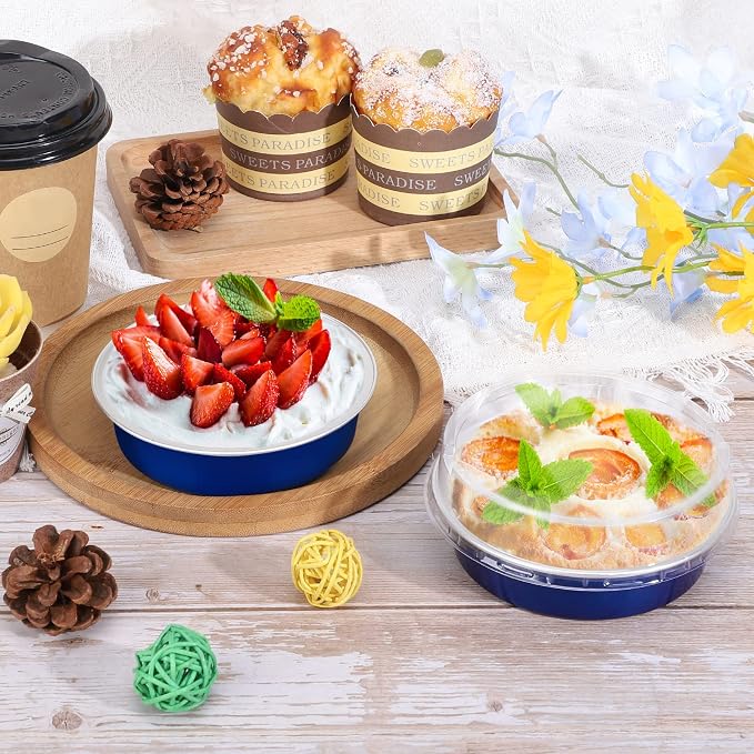 Beasea Mini Tart Pan 100 Pack with Lids, 4 Inch 8oz Blue Disposable Aluminum Baking Foil Tins Small Round Tart Container for Individual Dessert Cupcake Muffin Cheesecake Ramekins Quiche Oven Dishes - Image 4