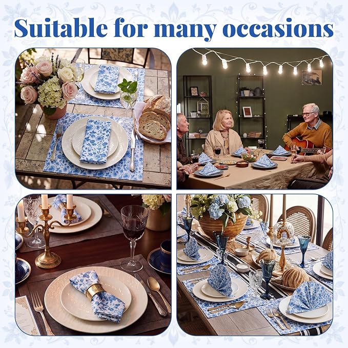 Tegeme 24 Pcs Blue and White Floral Cloth Napkins 15" x 15" Reusable Cotton Napkins, Blue Floral Napkin for Spring Tea Party, Wedding, Catering & Home Decor - Image 4