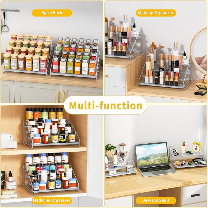 2 Pack Spice Rack Organizer for Cabinet, Depth Adjustable 4 Tier Spice Rack | Silver, Metal Spice Organization for Cabinet, Easy Visibility, Tiered Spice Rack Perfect for Cabinet, Pantry and Countertop - Image 6