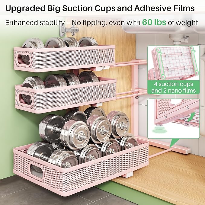 Kitstorack Under Sink Organizer, 1-Pack 3-Tier Height Adjustable Thickened Metal Pull out Cabinet Organizer Shelf, Slide out Storage Drawer Rack for Bathroom Kitchen Pantry Home Organization, Pink - Image 7