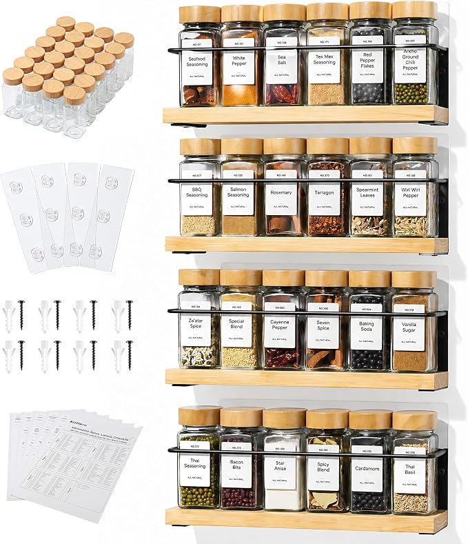 4-Tier Wall Mount Spice Rack Organizer with 24 Glass Jars, 216 Labels & Funnel - Screw/Adhesive Mount, Black Metal & Bamboo Spice Storage for Kitchen Pantry Cabinet, 11.6”W x 2.4”D x 3.2”H by KitHero