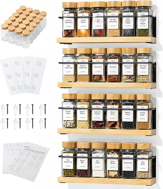 4-Tier Wall Mount Spice Rack Organizer with 24 Glass Jars, 216 Labels & Funnel - Screw/Adhesive Mount, Black Metal & Bamboo Spice Storage for Kitchen Pantry Cabinet, 11.6”W x 2.4”D x 3.2”H by KitHero