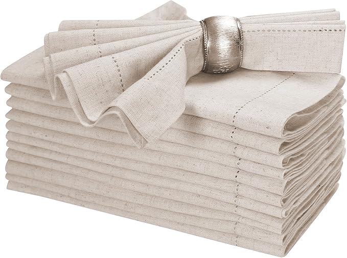 Linen Flax Cotton Cloth Dinner Napkins Set of 12 – 18x18 | Natural Fabric with hemstitched Mitered Corners – Machine Washable Wedding, Cocktail & Party table Napkins by BeddingCraft