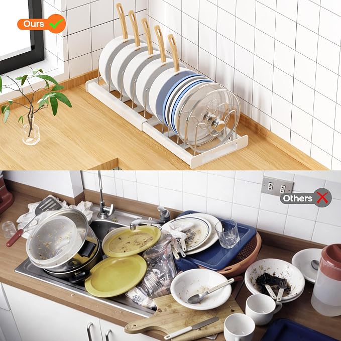 Nigelia 2 Pack Pots and Pans Organizer for Under Cabinet, 22" Expandable Food Storage Container Lid Organizers with 10 Adjustable Dividers Pot Lid Holders Rack Inside Cabinet&Kitchen Countertop(White) - Image 6