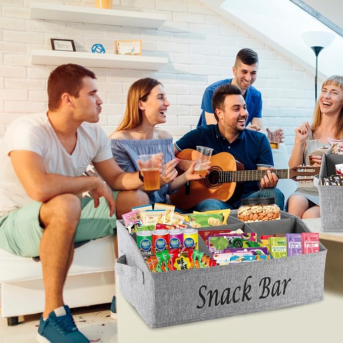 2 Pack Countertop Snack Organizer, Fabric Snack Box Basket with Handles, 6 Compartment Kitchen Cabinet Pantry Organizer and Storage - Grey - Image 3