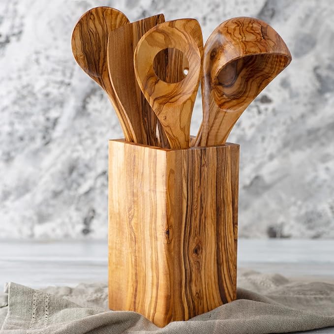 Olive Wood Large Utensil Holder - 6 x 4 Wooden Kitchenware Organizer - Rustic Utensil Holder - Handmade Spoons Holder for Countertop - Cooking Utensil Crock - Kitchen Tool & Accessories - Image 2